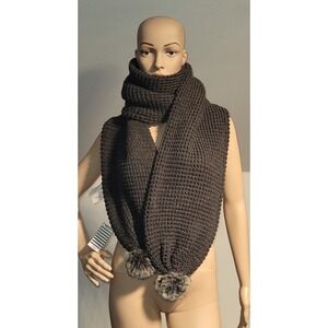 Indigo Solid Color Women Premium Winter Thick Twist Cable Knit Pom Pom Scarf BLK